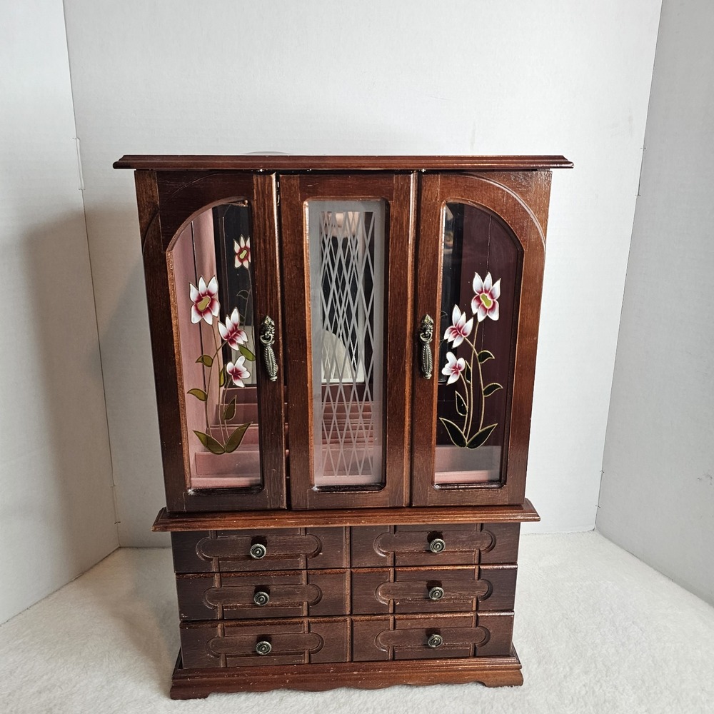 Vintage Wood 2 Door Jewelry Box Armoire Style Cabinet w Mirror Organizer Drawers